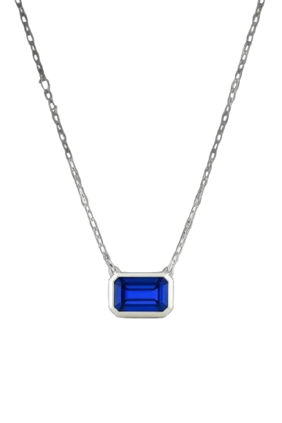 3ct Emerald-Cut Blue Sapphire Bezel Pendant in 14K White Gold with Adjustable 16