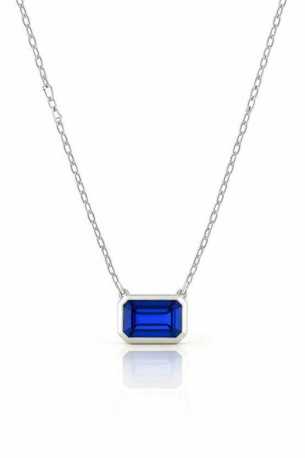 3ct Emerald-Cut Blue Sapphire Bezel Pendant in 14K White Gold with Adjustable 16"/18" Chain