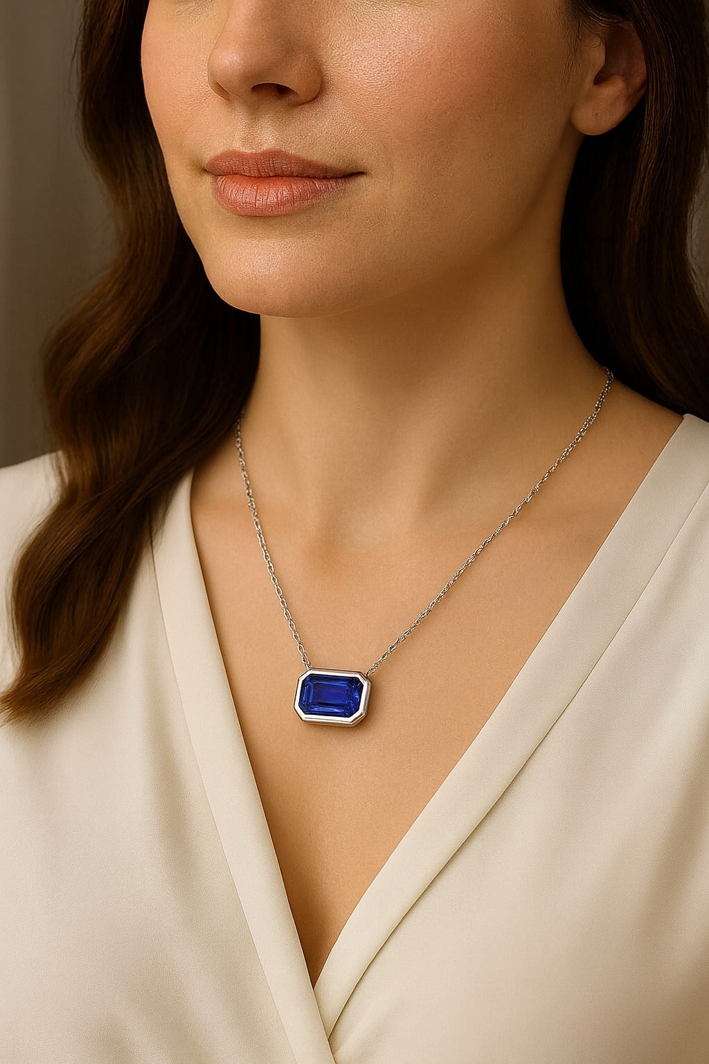 3ct Emerald-Cut Blue Sapphire Bezel Pendant in 14K White Gold with Adjustable 16