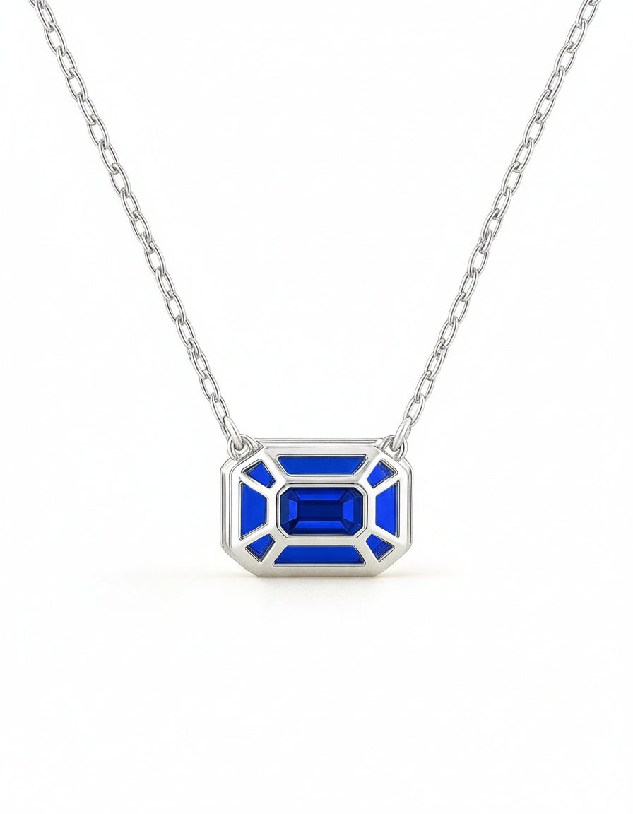 3ct Emerald-Cut Blue Sapphire Bezel Pendant in 14K White Gold with Adjustable 16