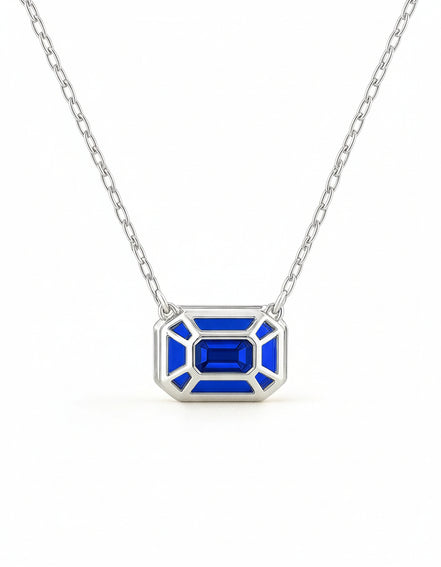3ct Emerald-Cut Blue Sapphire Bezel Pendant in 14K White Gold with Adjustable 16"/18" Chain