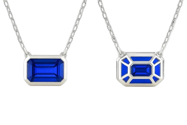 3ct Emerald-Cut Blue Sapphire Bezel Pendant in 14K White Gold with Adjustable 16