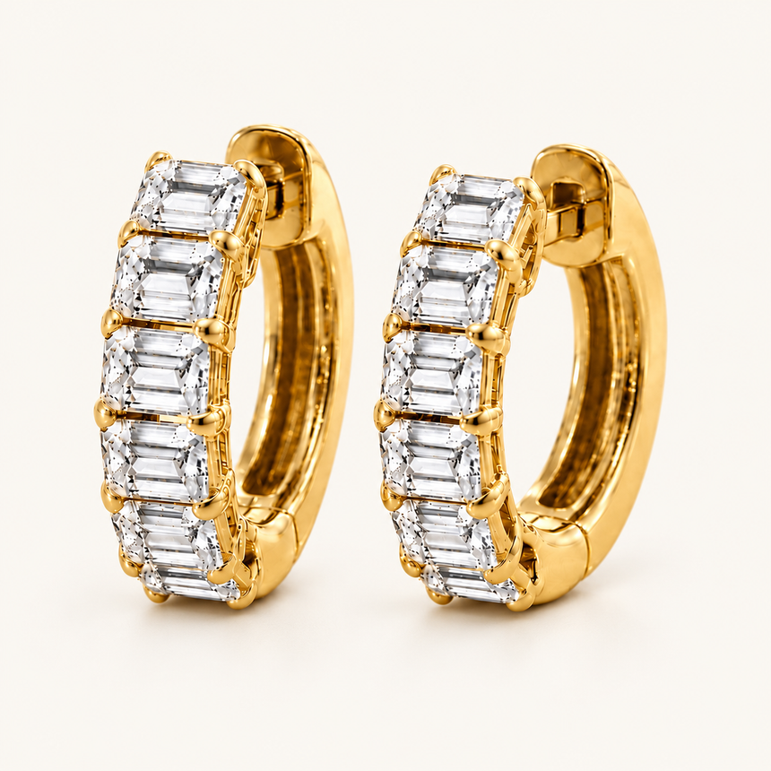 Emerald-Cut Diamond Huggie Earrings in 14K yellow gold