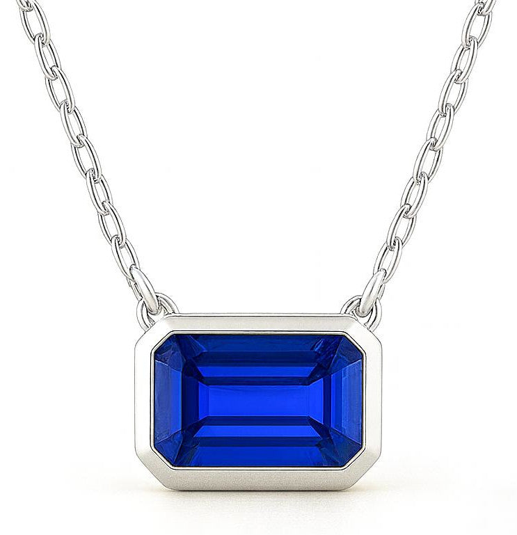 3ct Emerald-Cut Blue Sapphire Bezel Pendant in 14K White Gold with Adjustable 16
