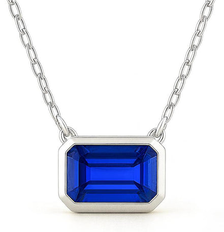3ct Emerald-Cut Blue Sapphire Bezel Pendant in 14K White Gold with Adjustable 16"/18" Chain